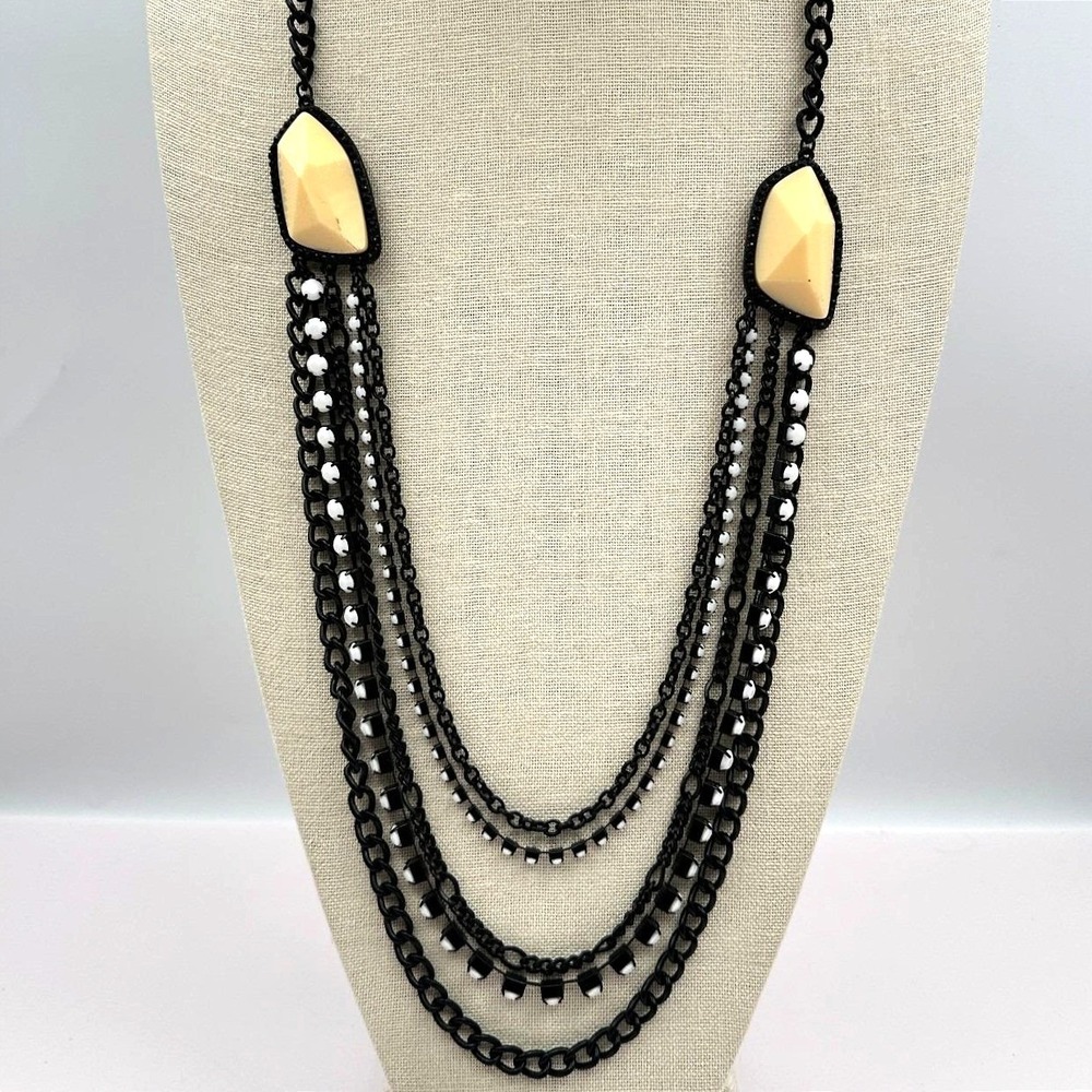 VTG Black Metal Multi‎ Strand Layered Necklace Cream Geometric Station Boho Y2K